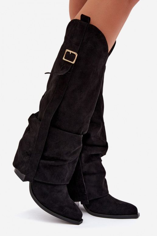 Bottes noires pour femmes jusqu'au genou avec talons et boucles Caster