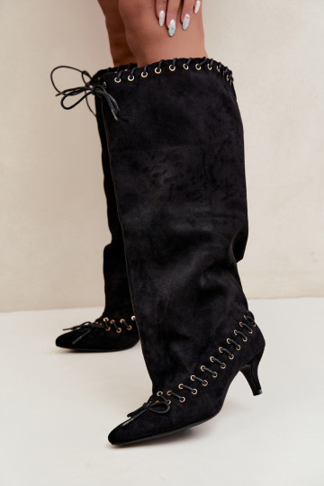 Bottes longues à talon moyen en daim synthétique avec lacets décoratifs couleur noire Juletta 2