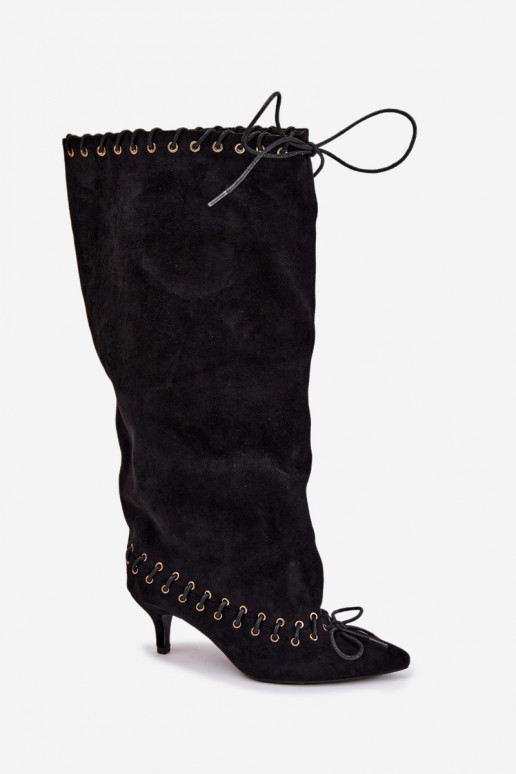 Bottes longues à talon moyen en daim synthétique avec lacets décoratifs couleur noire Juletta