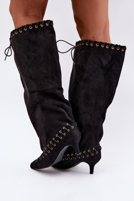 Bottes longues à talon moyen en daim synthétique avec lacets décoratifs couleur noire Juletta