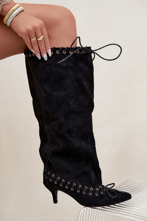 Bottes longues à talon moyen en daim synthétique avec lacets décoratifs couleur noire Juletta