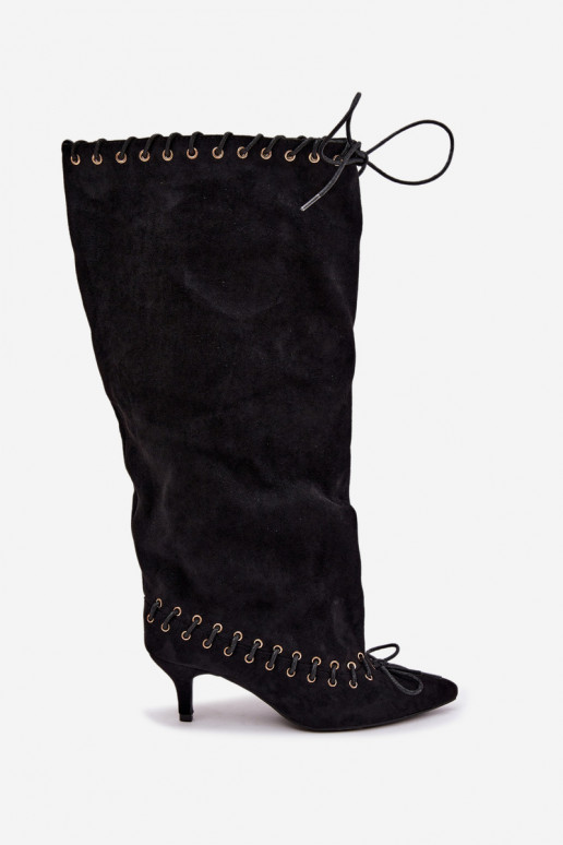 Bottes longues à talon moyen en daim synthétique avec lacets décoratifs couleur noire Juletta