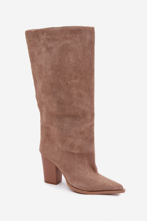 Bottes femme hautes à enfiler avec talons en daim synthétique couleur sable Carmina