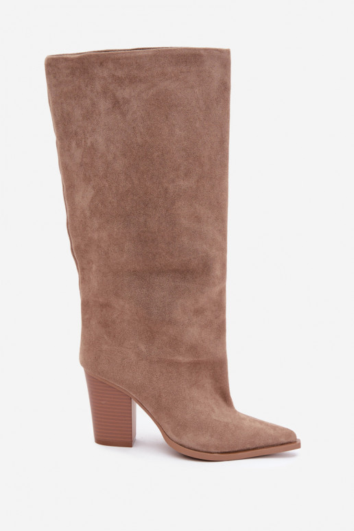Bottes femme hautes à enfiler avec talons en daim synthétique couleur sable Carmina