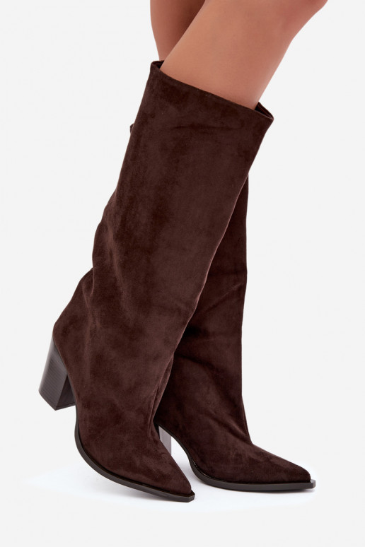 Bottes femme hautes à enfiler avec talons en daim synthétique couleur chocolat Carmina