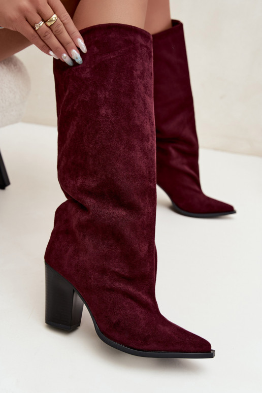 Bottes femme hautes à enfiler avec talons en daim synthétique couleur bordeaux Carmina
