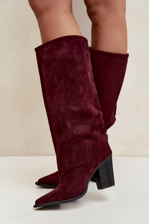 Bottes femme hautes à enfiler avec talons en daim synthétique couleur bordeaux Carmina