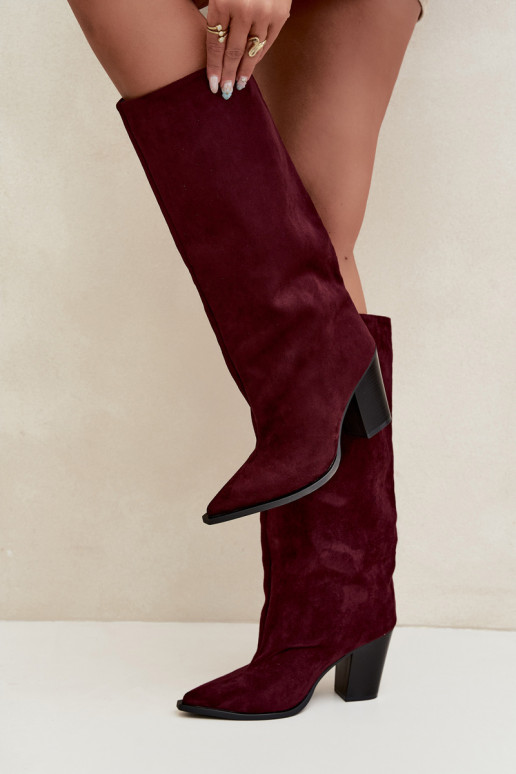 Bottes femme hautes à enfiler avec talons en daim synthétique couleur bordeaux Carmina