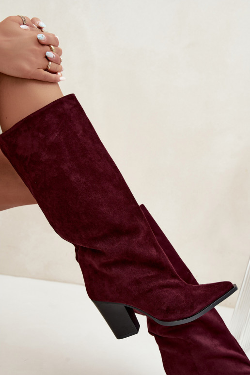 Bottes femme hautes à enfiler avec talons en daim synthétique couleur bordeaux Carmina