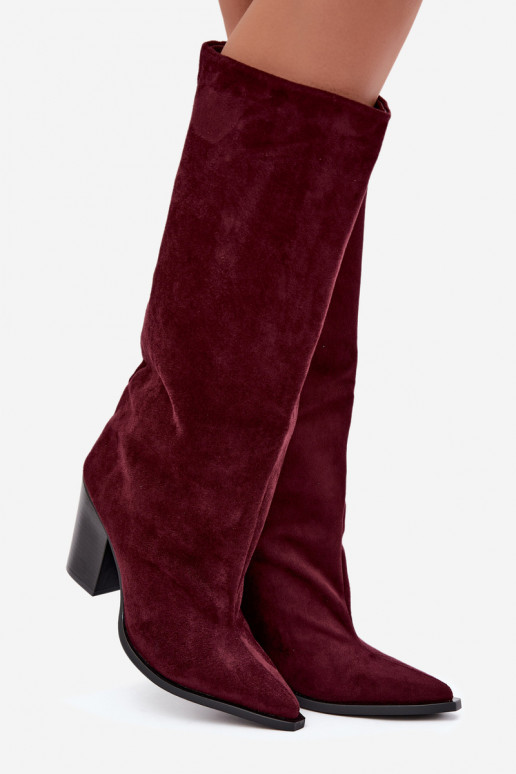Bottes femme hautes à enfiler avec talons en daim synthétique couleur bordeaux Carmina