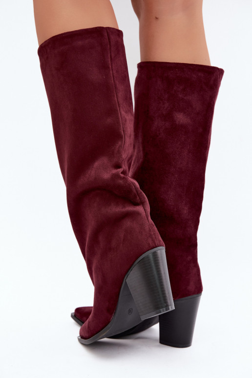 Bottes femme hautes à enfiler avec talons en daim synthétique couleur bordeaux Carmina