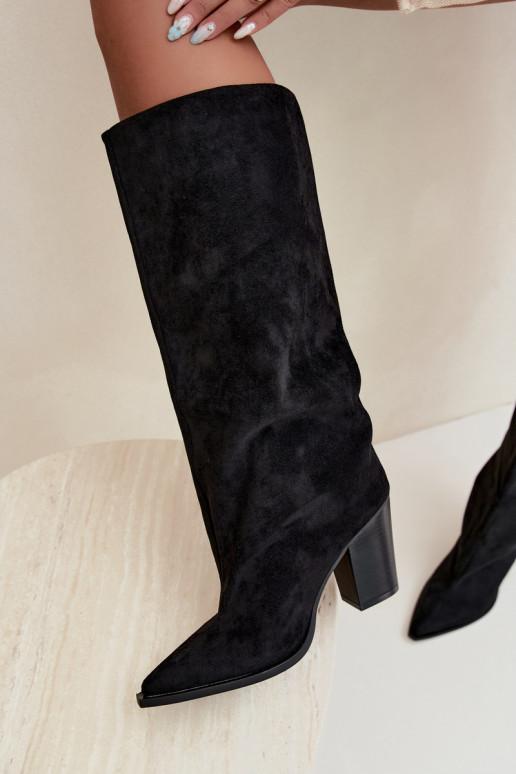 Bottes femme hautes à enfiler avec talons en daim synthétique couleur noire Carmina