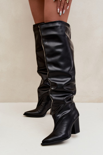 Bottes longues femmes à talon de style slip-on en cuir synthétique noir Anica 2