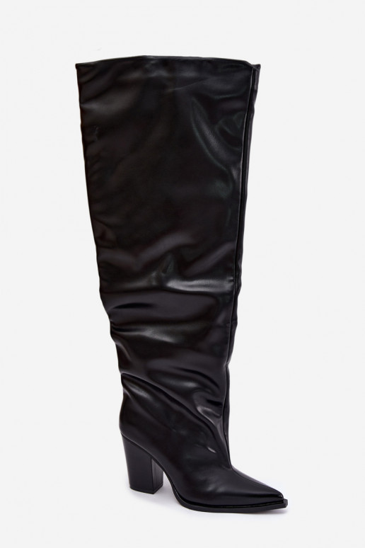 Bottes longues femmes à talon de style slip-on en cuir synthétique noir Anica