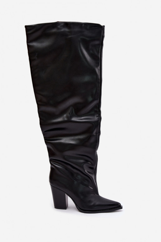 Bottes longues femmes à talon de style slip-on en cuir synthétique noir Anica