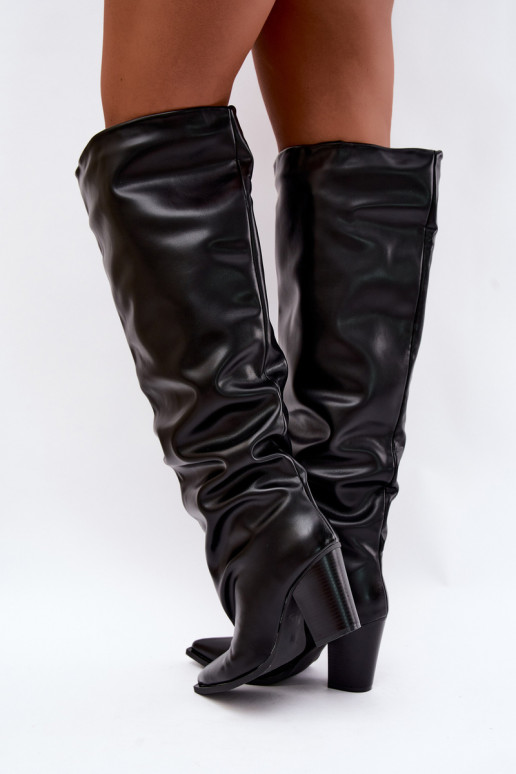 Bottes longues femmes à talon de style slip-on en cuir synthétique noir Anica