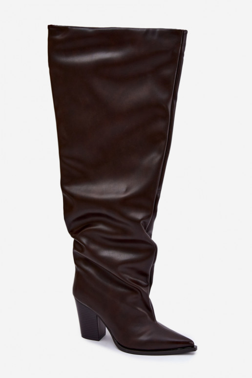 Bottes longues femmes à talon de style slip-on en cuir synthétique chocolat Anica