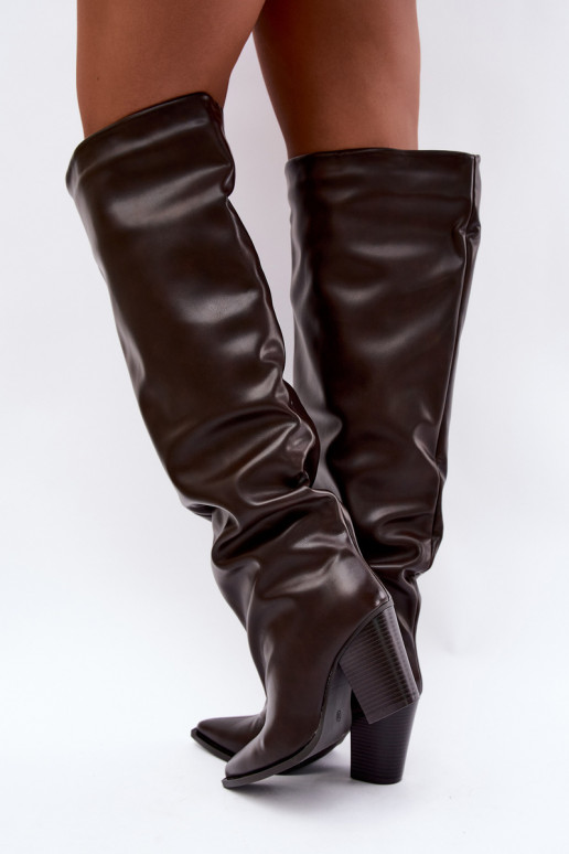 Bottes longues femmes à talon de style slip-on en cuir synthétique chocolat Anica