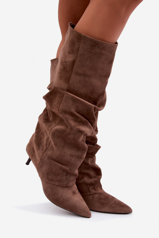 Bottes hautes froissées kaki avec talon kitten en daim LoĮen