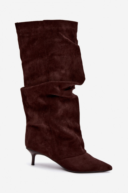 Bottes hautes froissées chocolat avec talon kitten en daim LoĮen