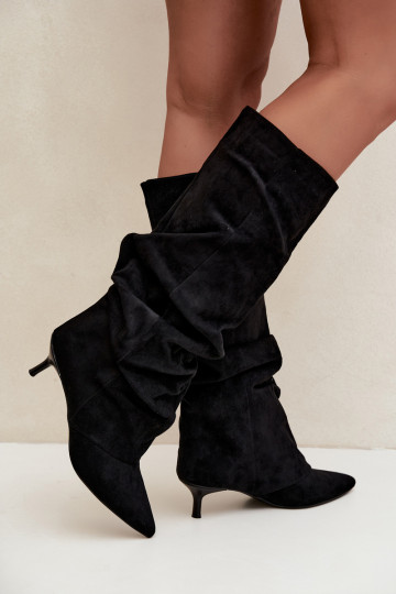 Bottes hautes froissées noires avec talon kitten en daim LoĮen 2