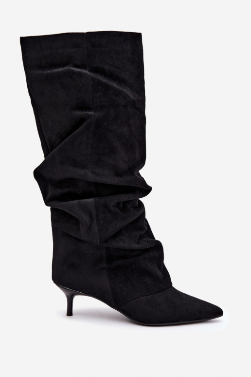 Bottes hautes froissées noires avec talon kitten en daim LoĮen