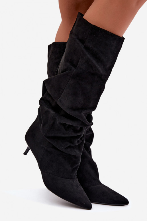 Bottes hautes froissées noires avec talon kitten en daim LoĮen