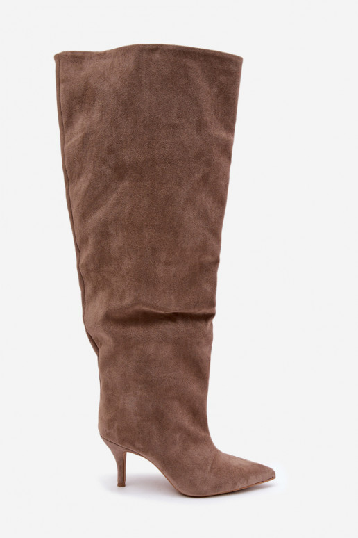 Bottes hautes à enfiler pour femmes avec talons fins couleur kaki Corly