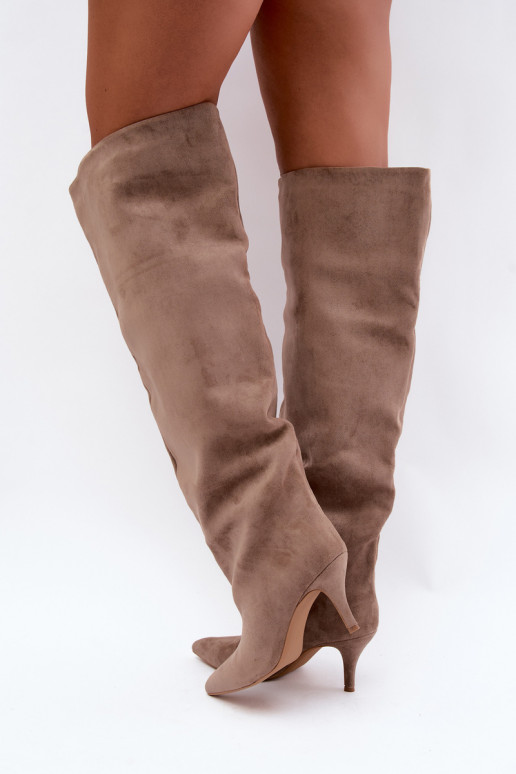 Bottes hautes à enfiler pour femmes avec talons fins couleur kaki Corly