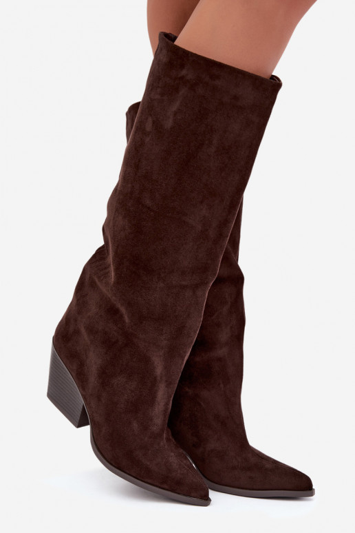 Bottes hautes à enfiler couleur chocolat avec talons et bouts pointus Blenia