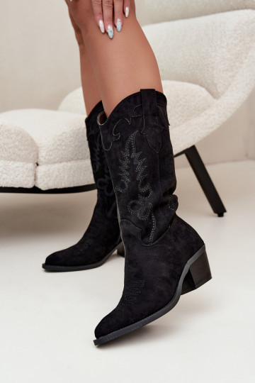 Bottes noires en suède synthétique style cowboy avec talons Jarissa