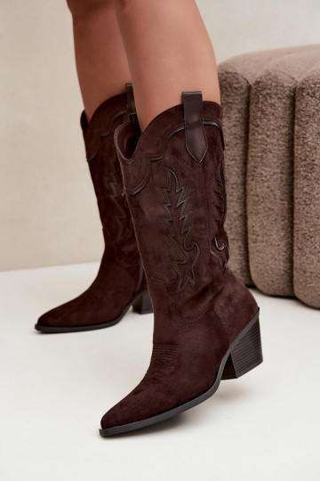 Bottes chocolat en suède synthétique style cowboy avec talons Jarissa