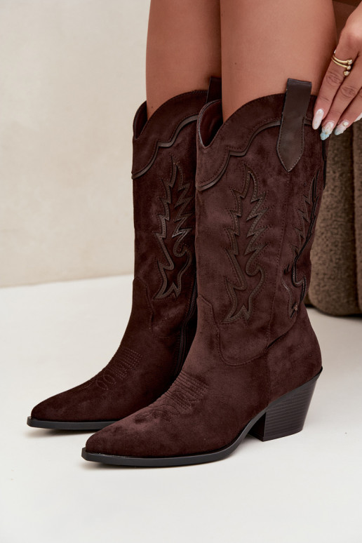 Bottes chocolat en suède synthétique style cowboy avec talons Jarissa