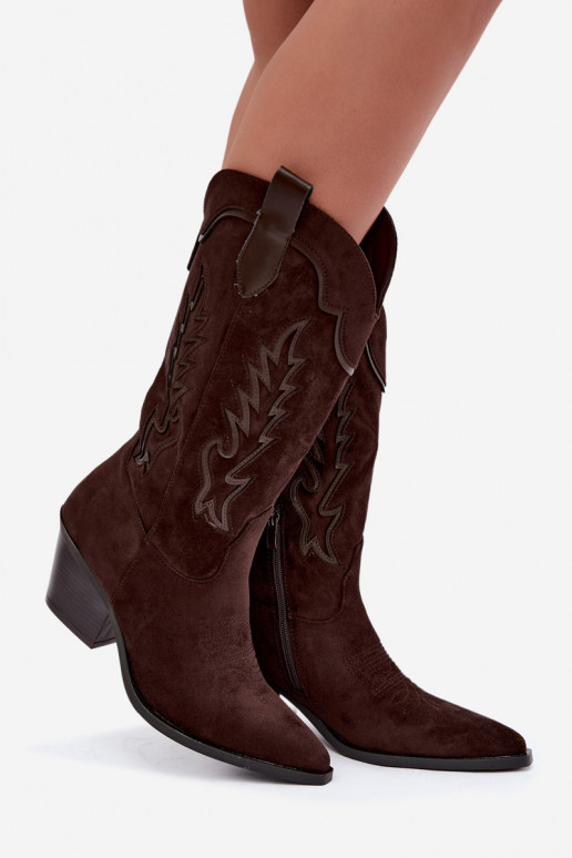 Bottes chocolat en suède synthétique style cowboy avec talons Jarissa