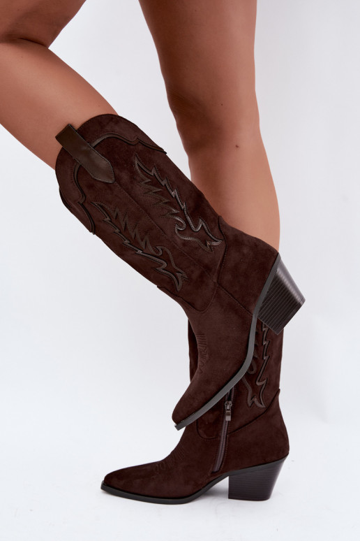 Bottes chocolat en suède synthétique style cowboy avec talons Jarissa