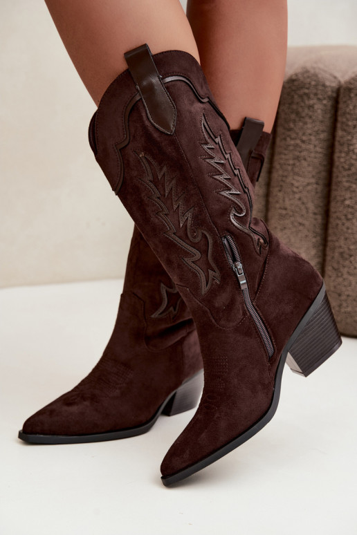 Bottes chocolat en suède synthétique style cowboy avec talons Jarissa