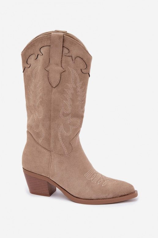 Bottes beiges en suède synthétique style cowboy avec talons Jarissa