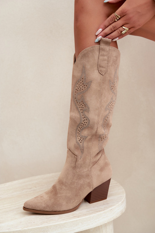 bottes cowboy longues avec décoration sur la tige en couleur sable Greyla