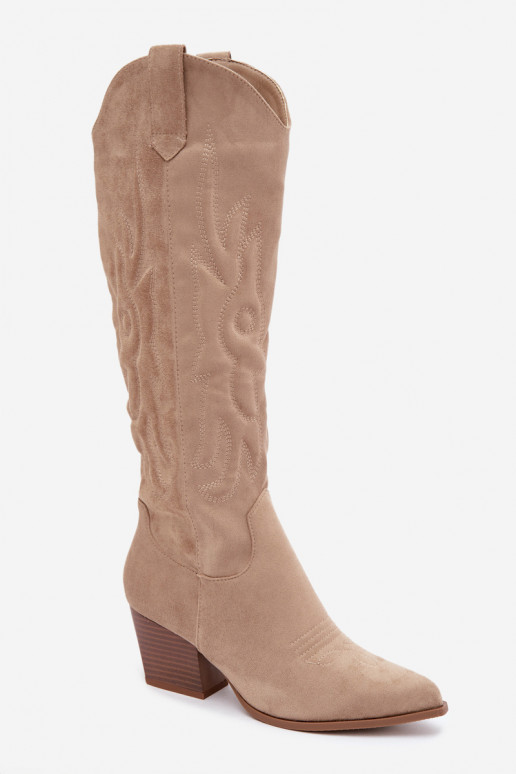 bottes hautes pour femmes de style cowboy avec talons en couleur sable Glenor