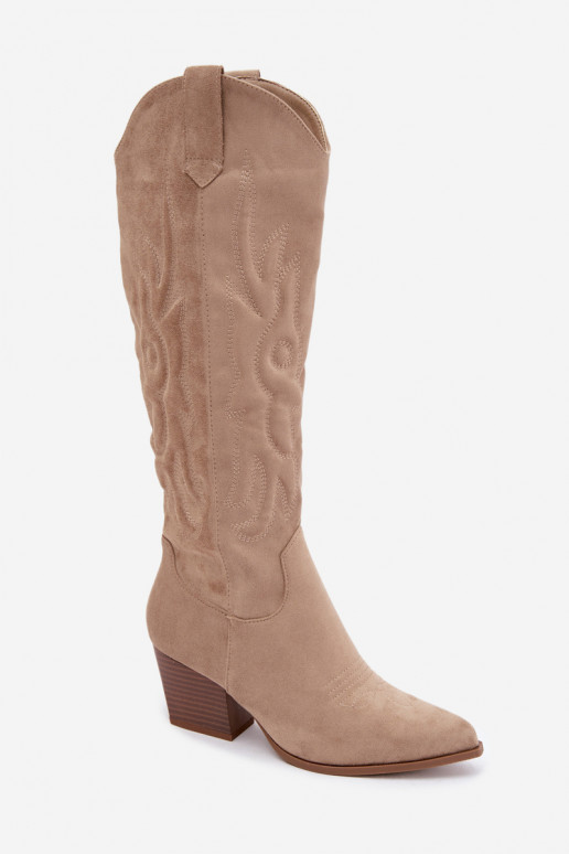 bottes hautes pour femmes de style cowboy avec talons en couleur sable Glenor