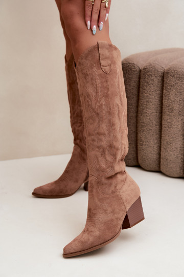 bottes hautes pour femmes de style cowboy avec talons en marron Glenor 2