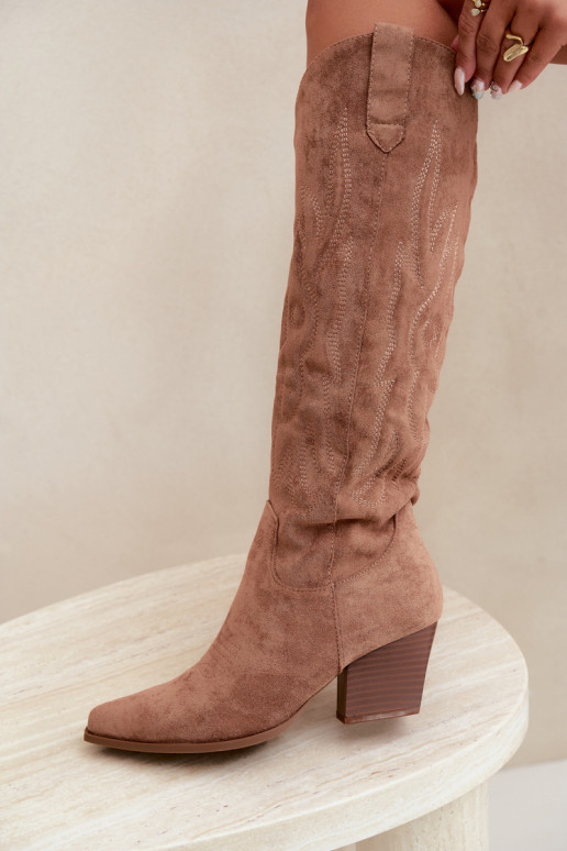 bottes hautes pour femmes de style cowboy avec talons en marron Glenor