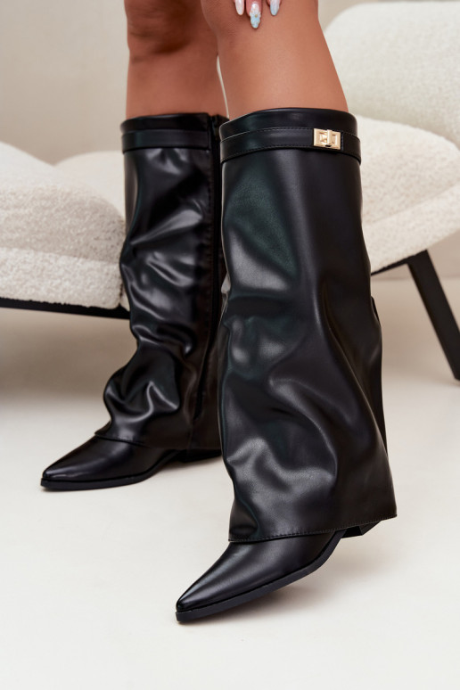 bottes hautes pour femmes avec tige cousue sur un petit talon en simili cuir noir Gisellea