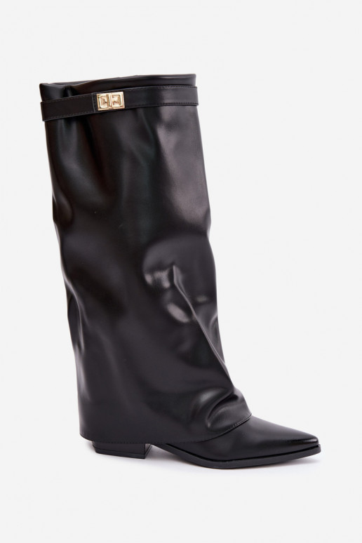 bottes hautes pour femmes avec tige cousue sur un petit talon en simili cuir noir Gisellea