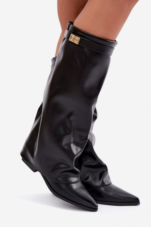 bottes hautes pour femmes avec tige cousue sur un petit talon en simili cuir noir Gisellea