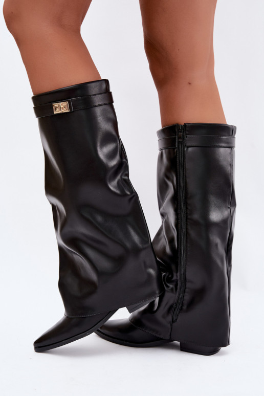 bottes hautes pour femmes avec tige cousue sur un petit talon en simili cuir noir Gisellea
