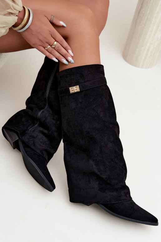 bottes hautes pour femmes avec tige cousue sur un petit talon en simili daim noir Gisellea