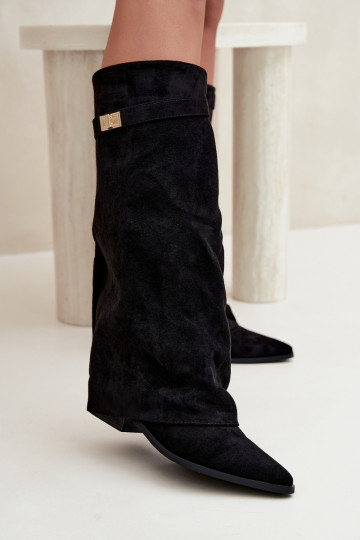 bottes hautes pour femmes avec tige cousue sur un petit talon en simili daim noir Gisellea 2