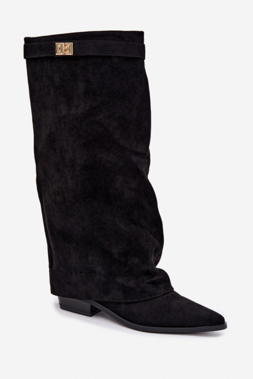 bottes hautes pour femmes avec tige cousue sur un petit talon en simili daim noir Gisellea