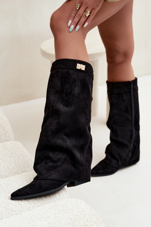 bottes hautes pour femmes avec tige cousue sur un petit talon en simili daim noir Gisellea